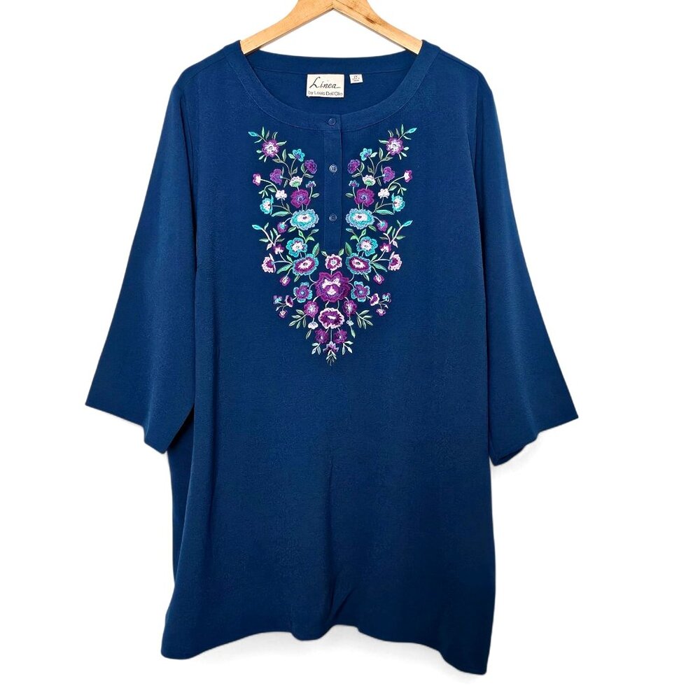 Linea By Louis Dell'Olio Floral Embroidered Tunic Top Size 2X Teal Blue Side Sli